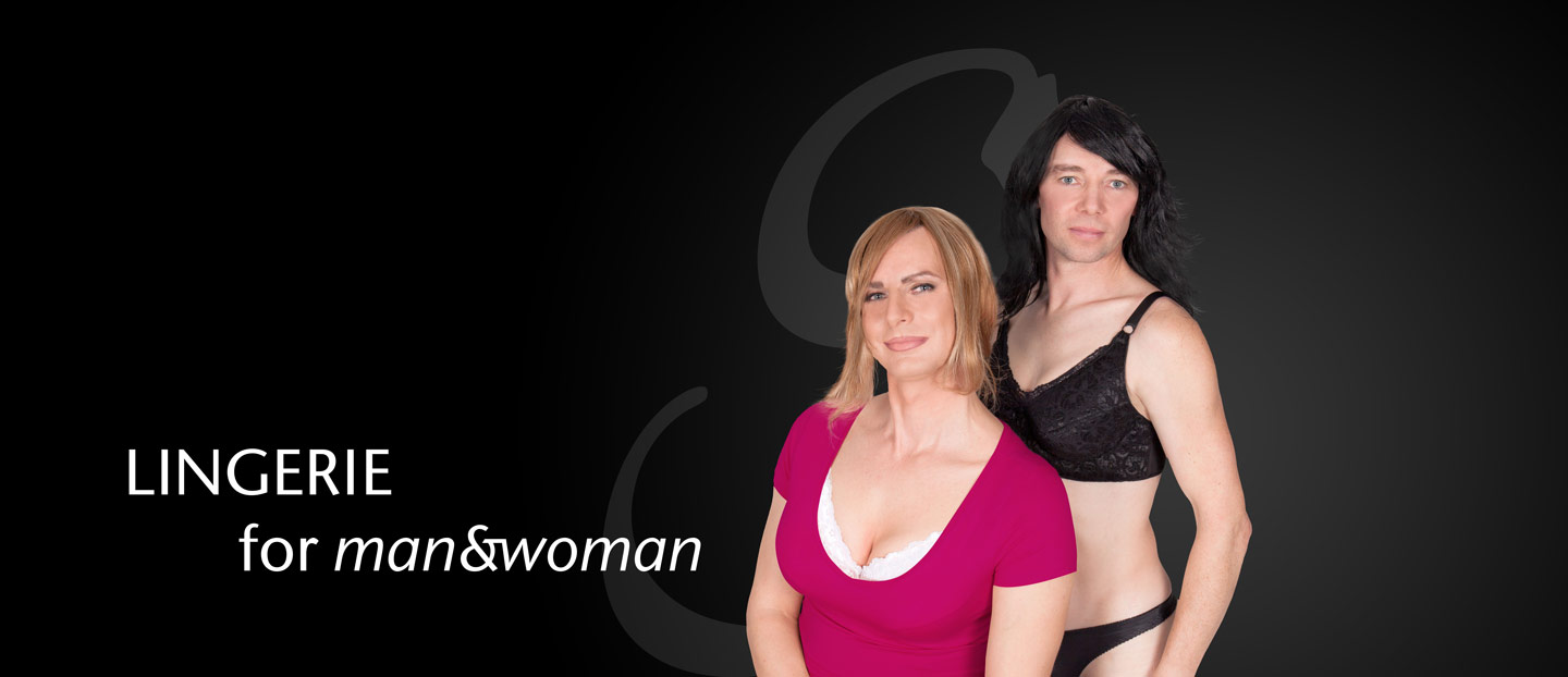 Lingerie for Mann and Woman. 2 Crossdresser Modells vor dem Logo